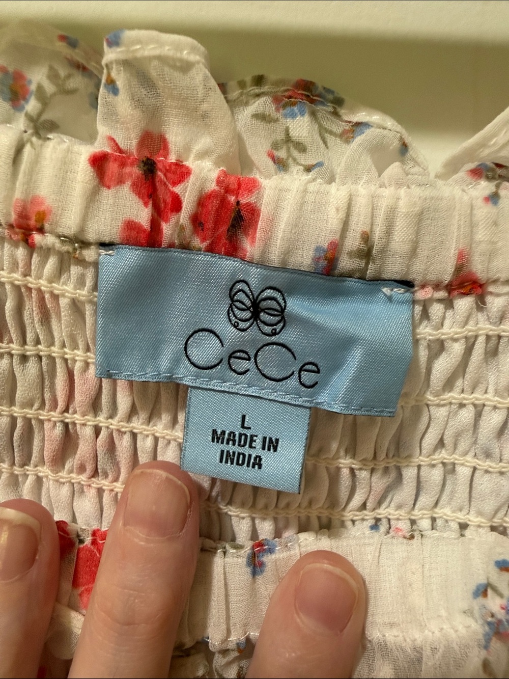 CeCe White Floral Smocked Dress with Coral and Blue Blooms - Picture 2 of 8
